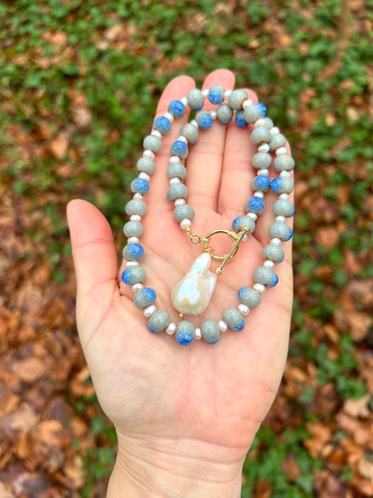 Blue ceramic necklace with baroque pearl pendant