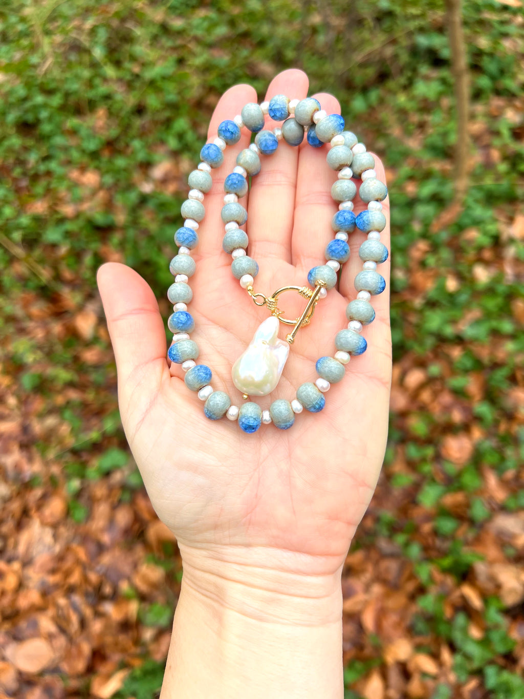 Blue ceramic necklace with baroque pearl pendant