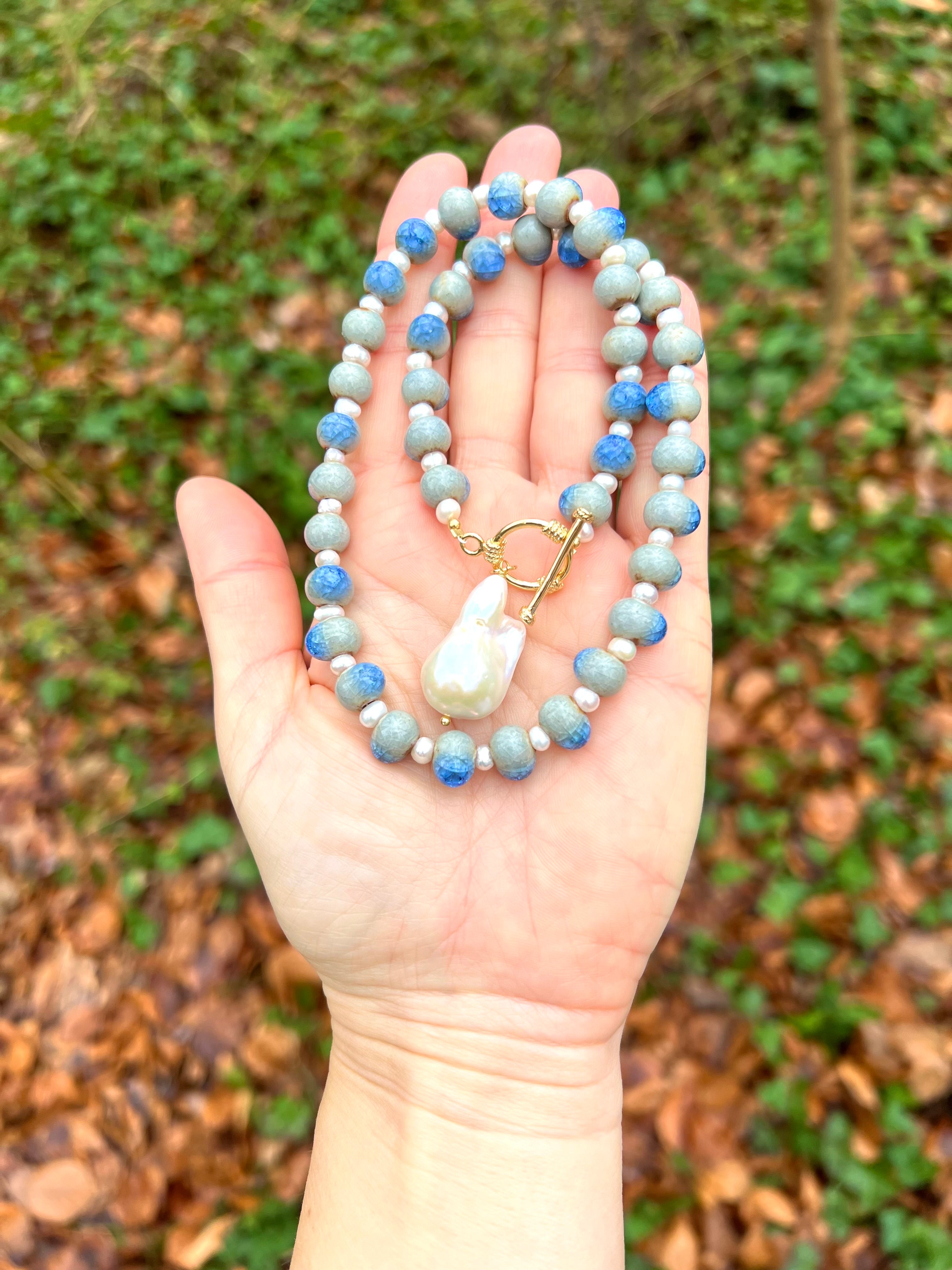 Blue ceramic necklace with baroque pearl pendant