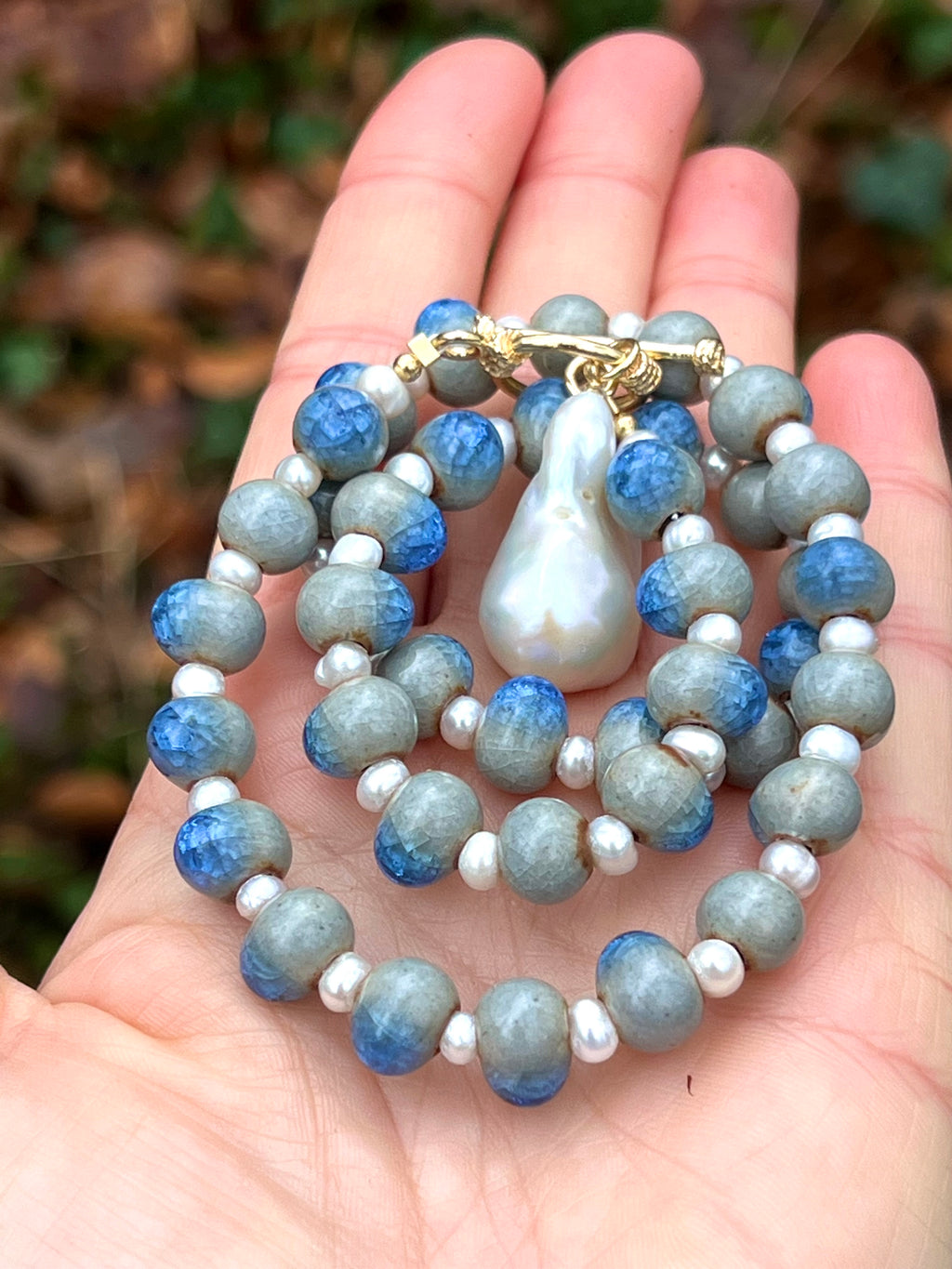 Blue ceramic necklace with baroque pearl pendant