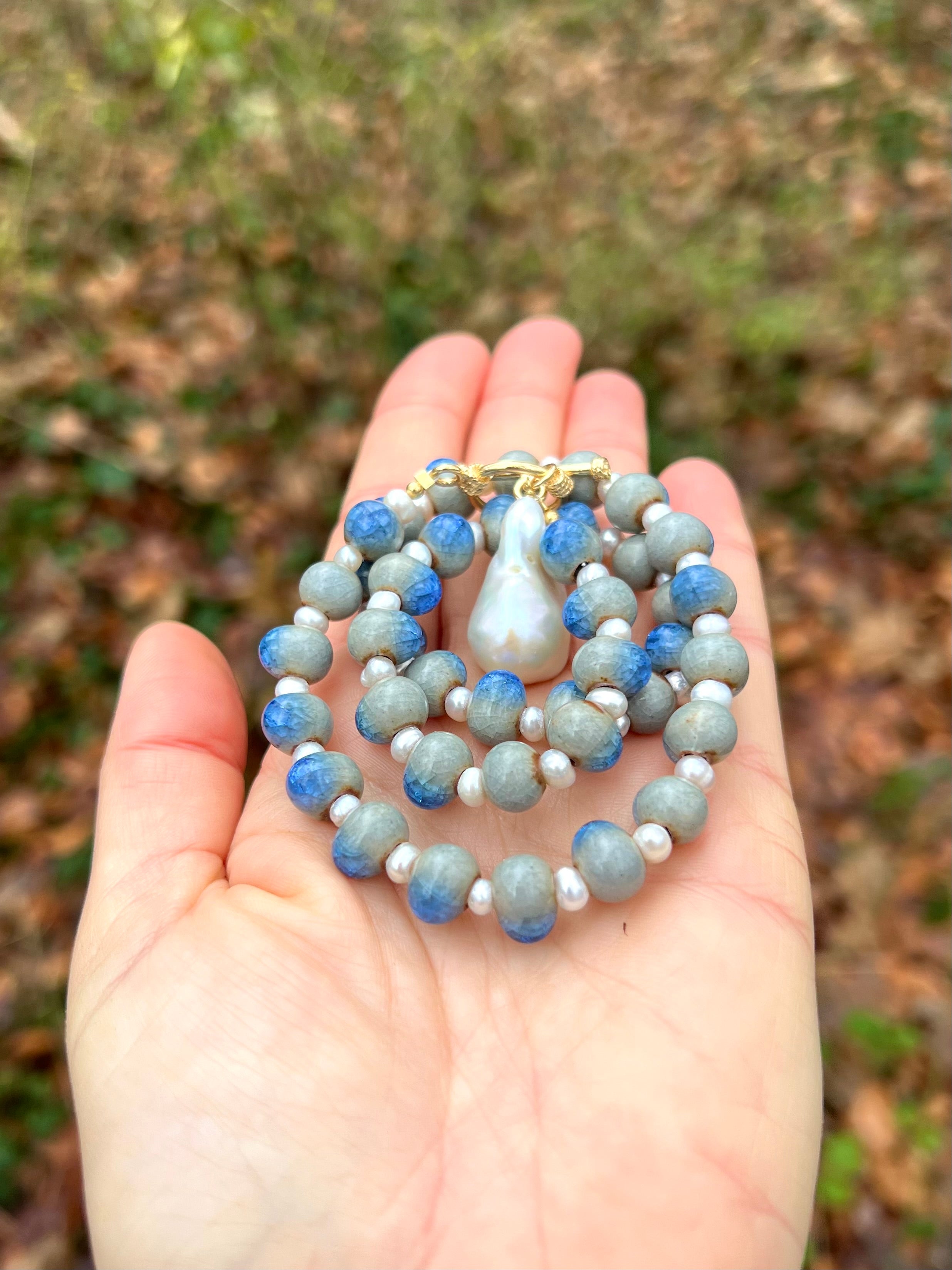 Blue ceramic necklace with baroque pearl pendant