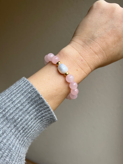 Rose Quartz Stretch Bracelet with Pearl Accent