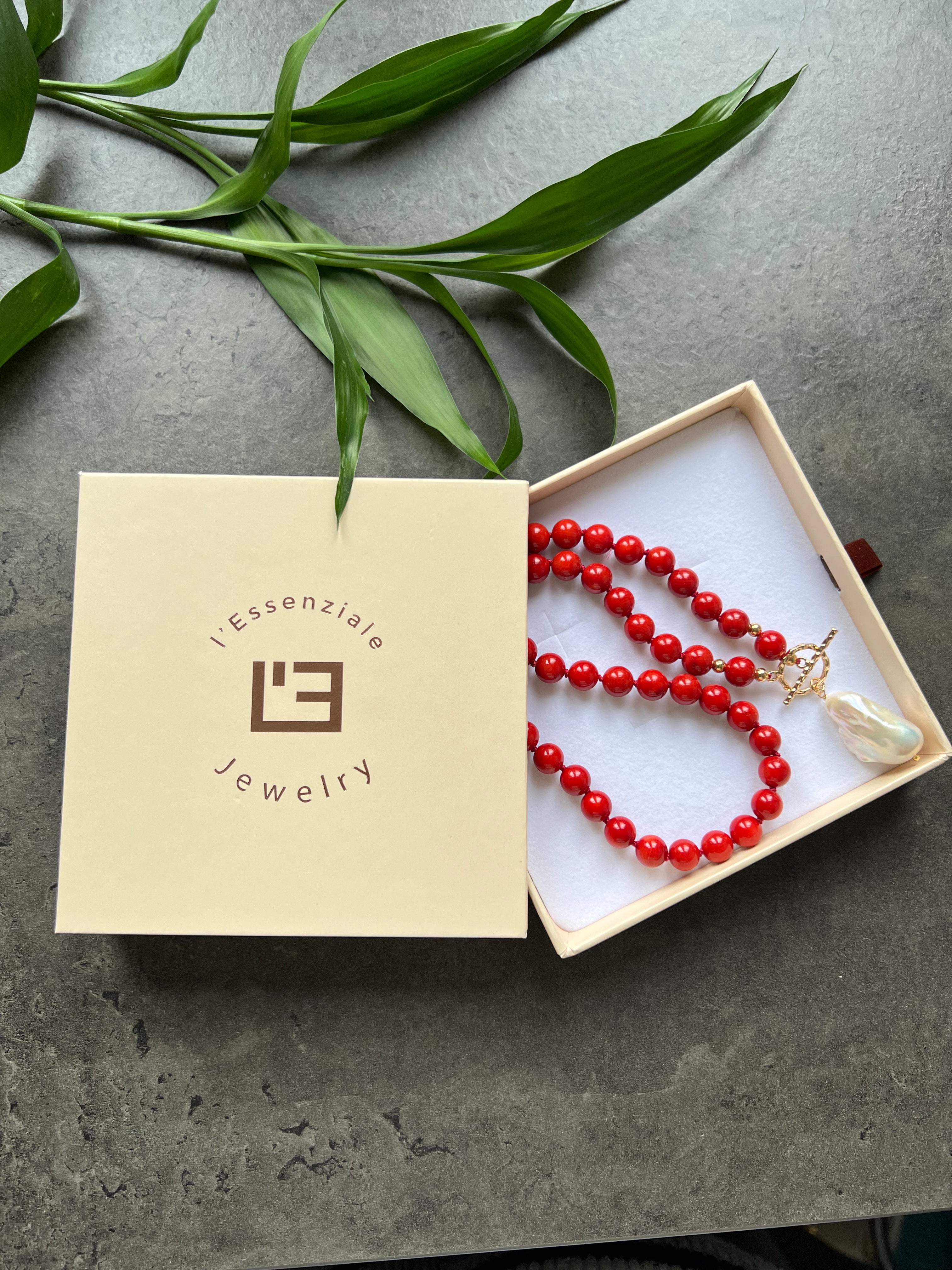 Red coral necklace with baroque pearl pendant