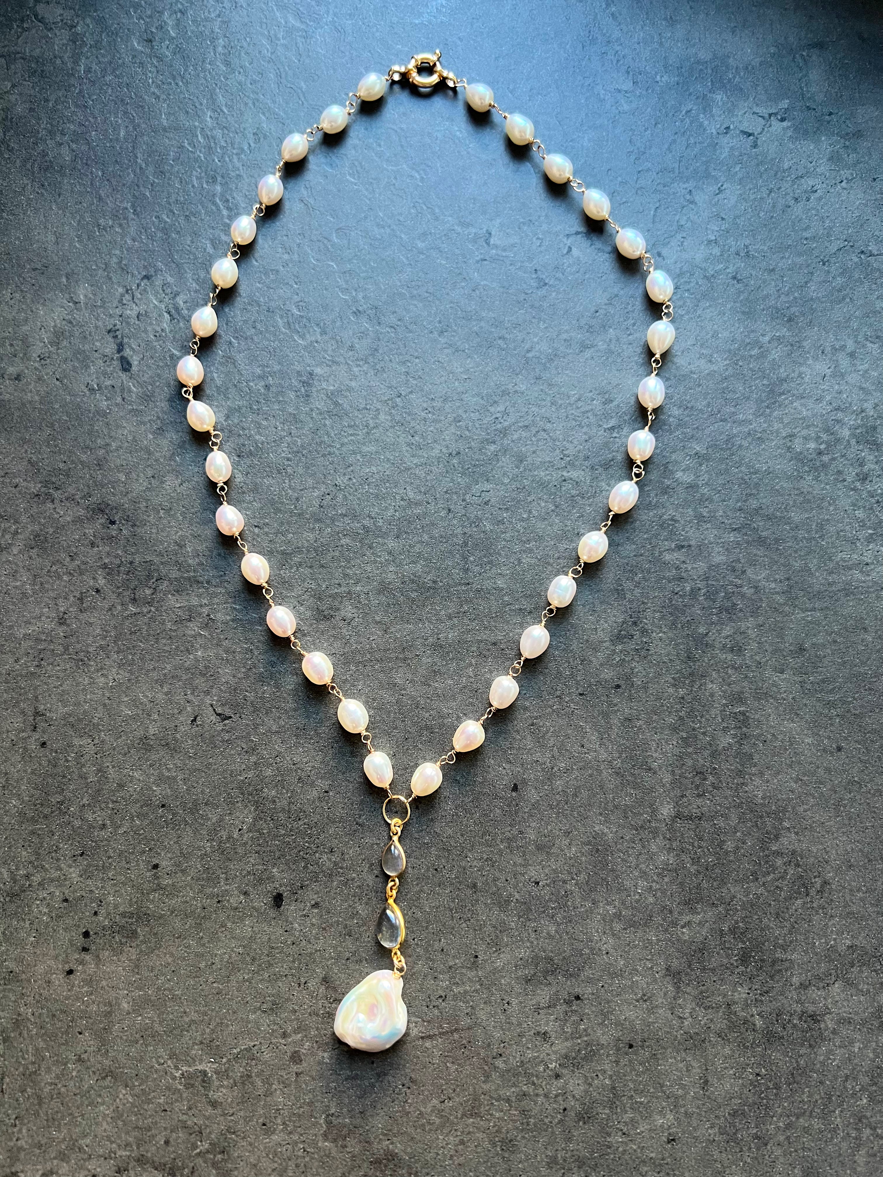 Pearl and Labradorite Lariat Necklace Beaded Necklaces