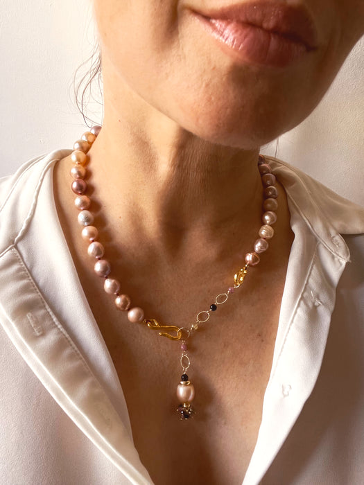 Purple Edison Pearl Necklace With Gold Vermeil Hook Clasp and Tourmalines