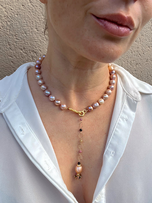 Purple Edison Pearl Necklace With Gold Vermeil Hook Clasp and Tourmalines