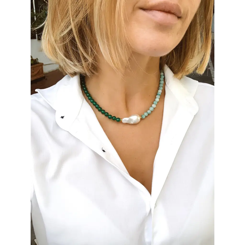 amazonite and green agate baroque pearl necklace