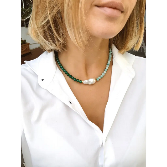 amazonite and green agate baroque pearl necklace