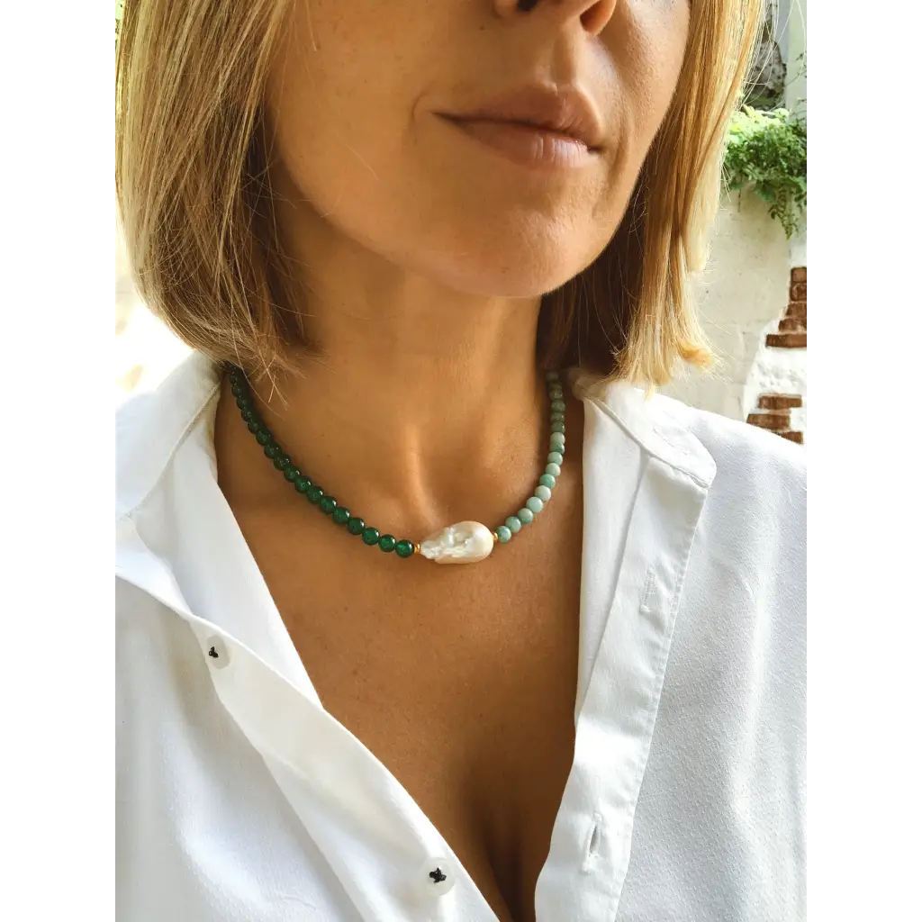 amazonite and green agate baroque pearl necklace