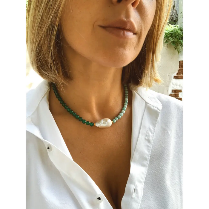 amazonite and green agate baroque pearl necklace