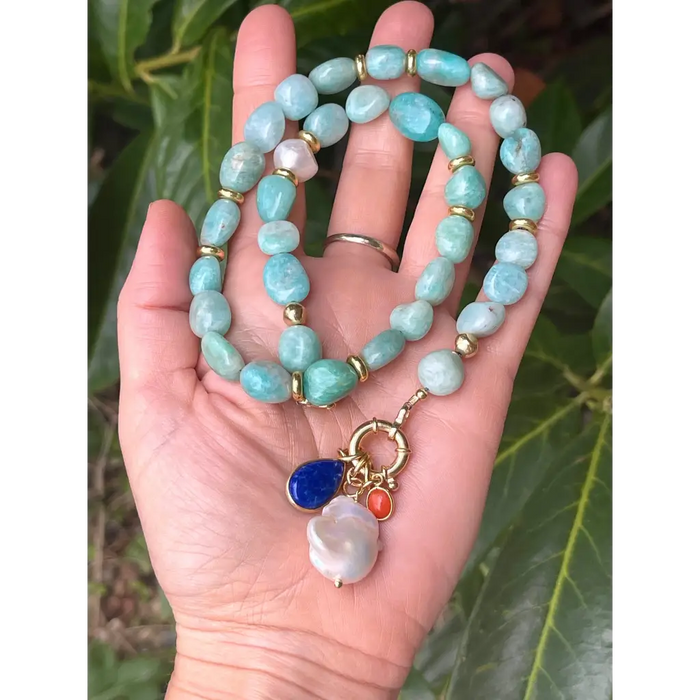 Amazonite and pearl necklace with gemstone charms