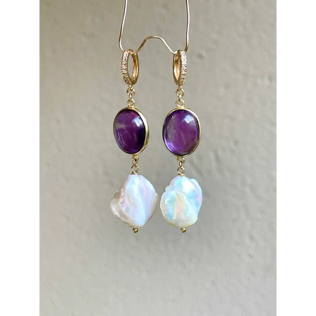 Amethyst and baroque pearl earrings