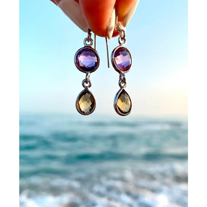 Amethyst and Citrine Hand Cut Stone Drop Sterling Silver