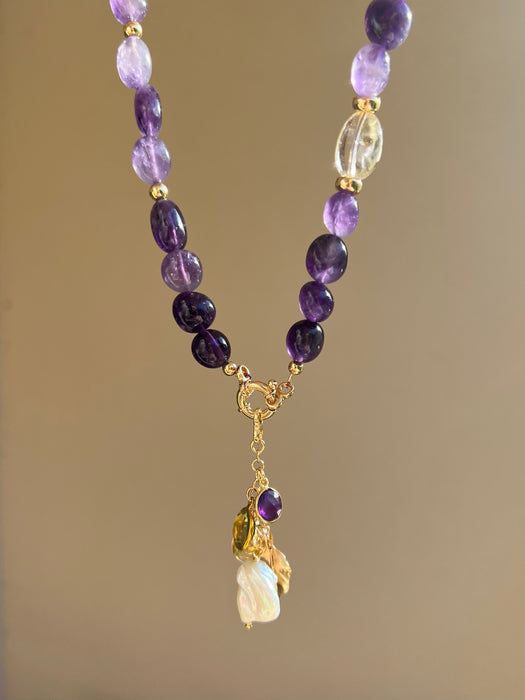 Amethyst Necklace With Pearl And Gemstone Charms Beaded