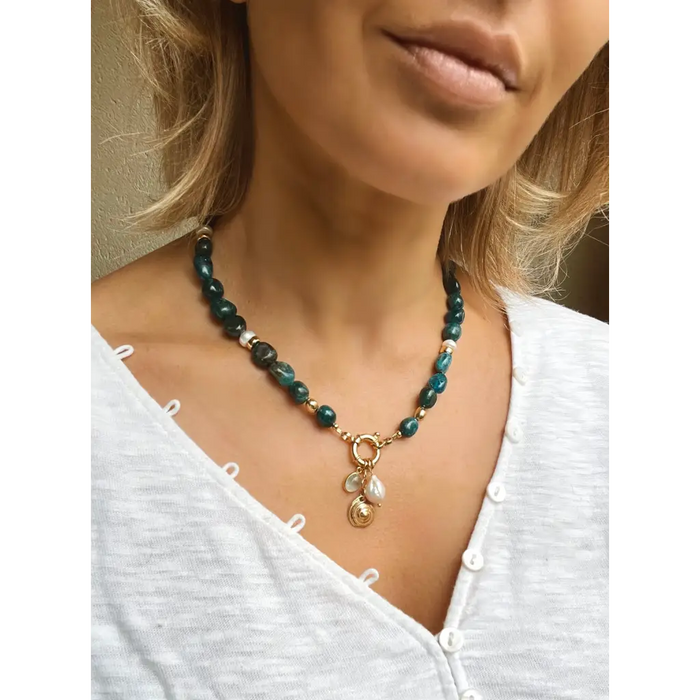 Apatite and pearl necklace with removable charms -