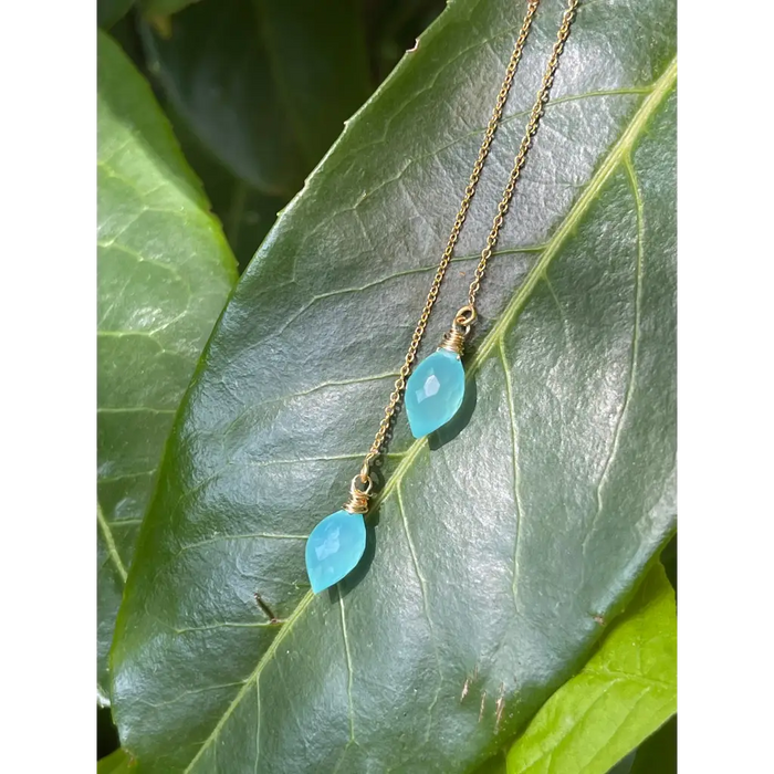 Aqua Blue Onyx Threader Earrings Minimalist dangle gemstone
