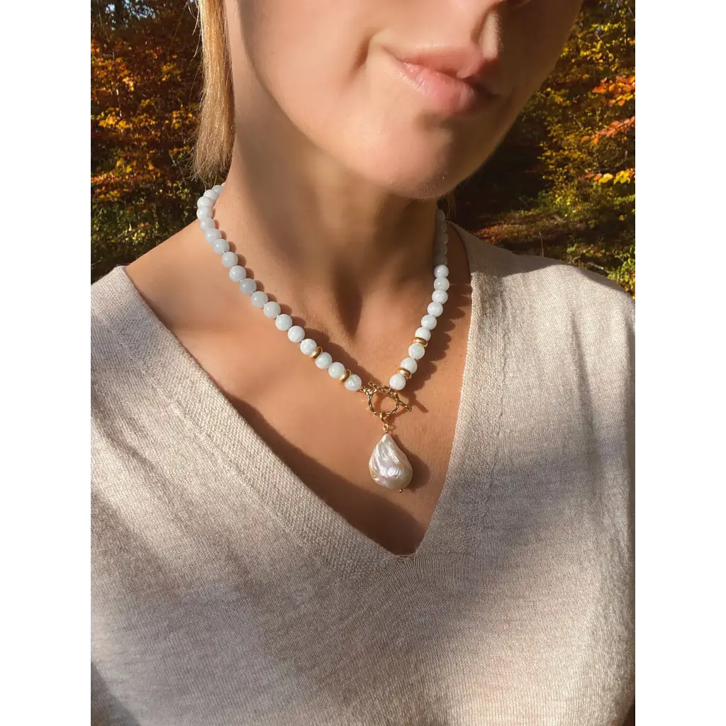 Aquamarine and baroque pearl necklace milky aquamarine