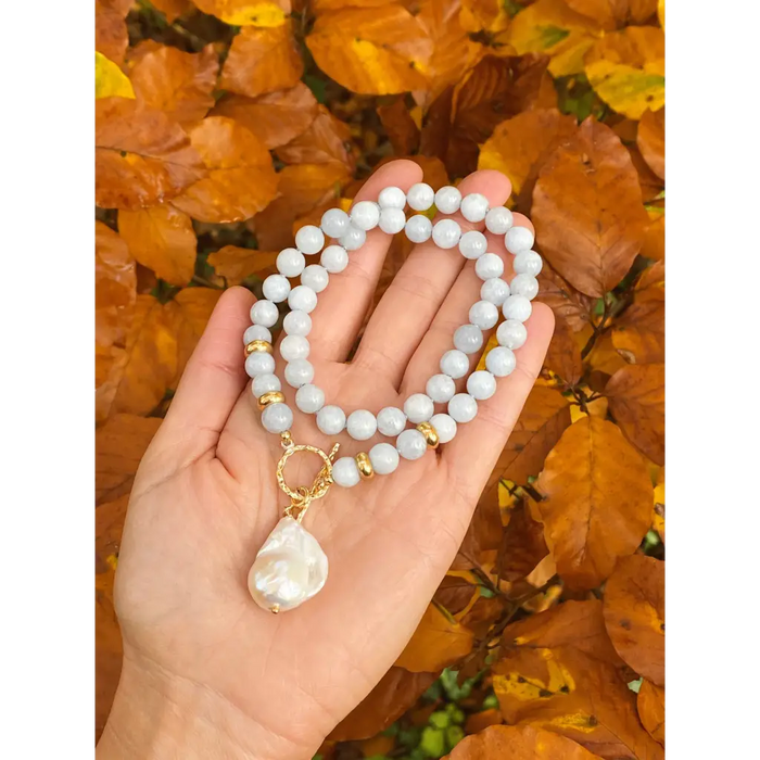 Aquamarine and baroque pearl necklace milky aquamarine