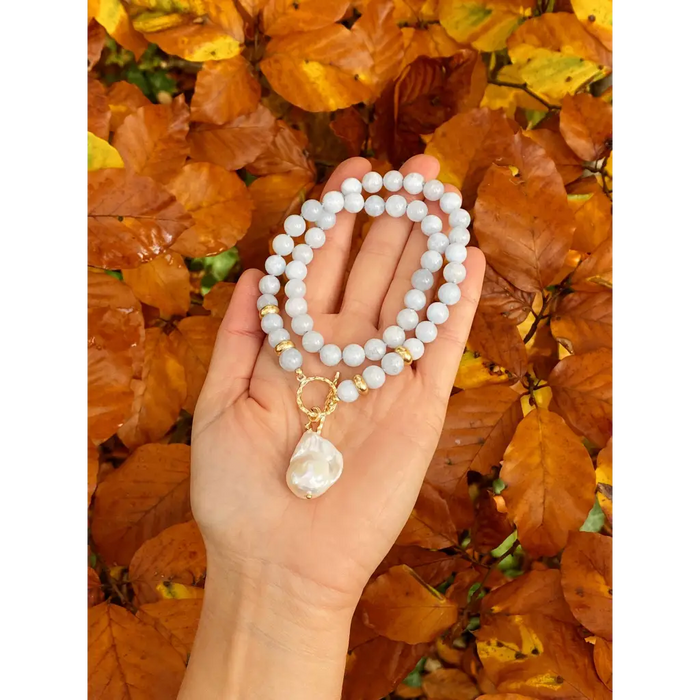 Aquamarine and baroque pearl necklace milky aquamarine