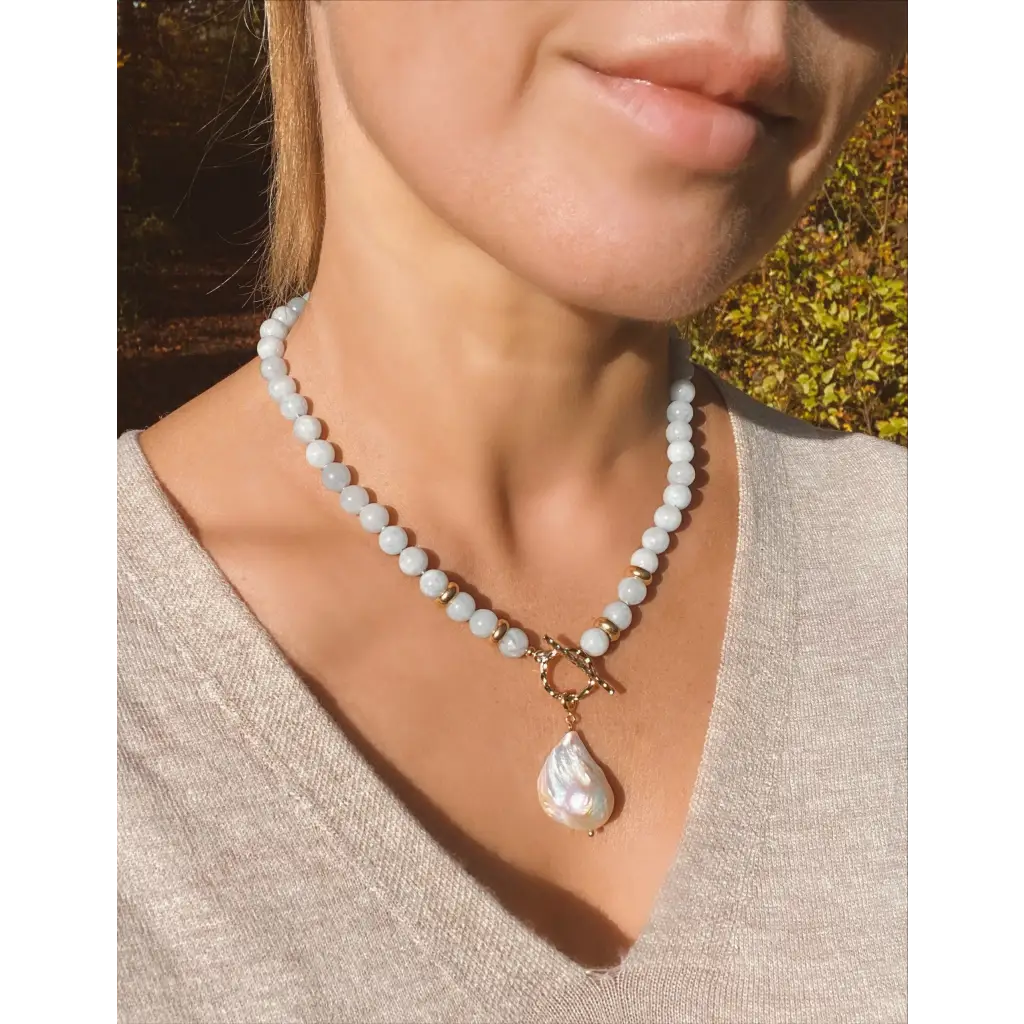Aquamarine and baroque pearl necklace milky aquamarine