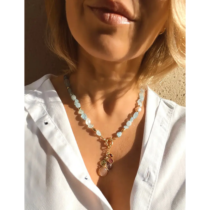 Aquamarine and multi gemstones statement necklace
