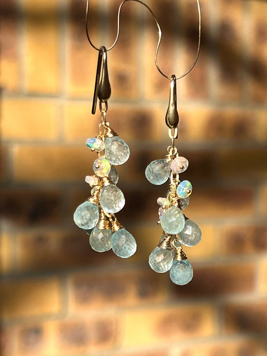 Aquamarine and Opal Cascade Earrings Aqua Dangle & Drop
