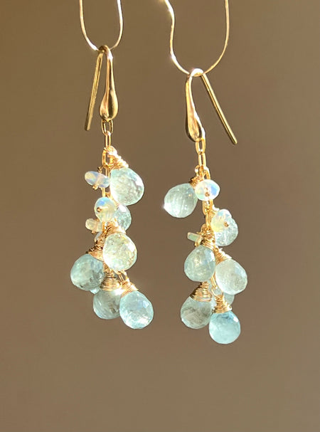 Aquamarine and Opal Cascade Earrings Aqua Dangle & Drop