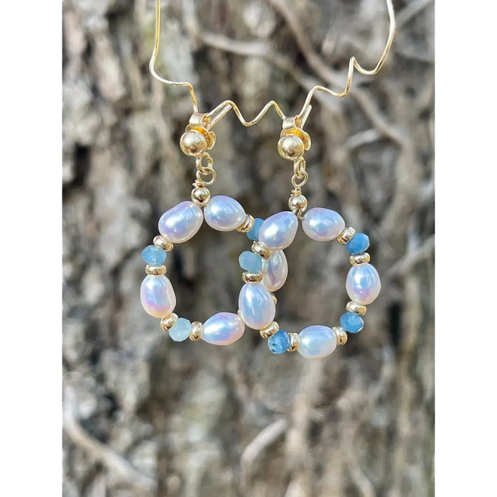 Aquamarine and pearl hoops cute earrings for every day gift
