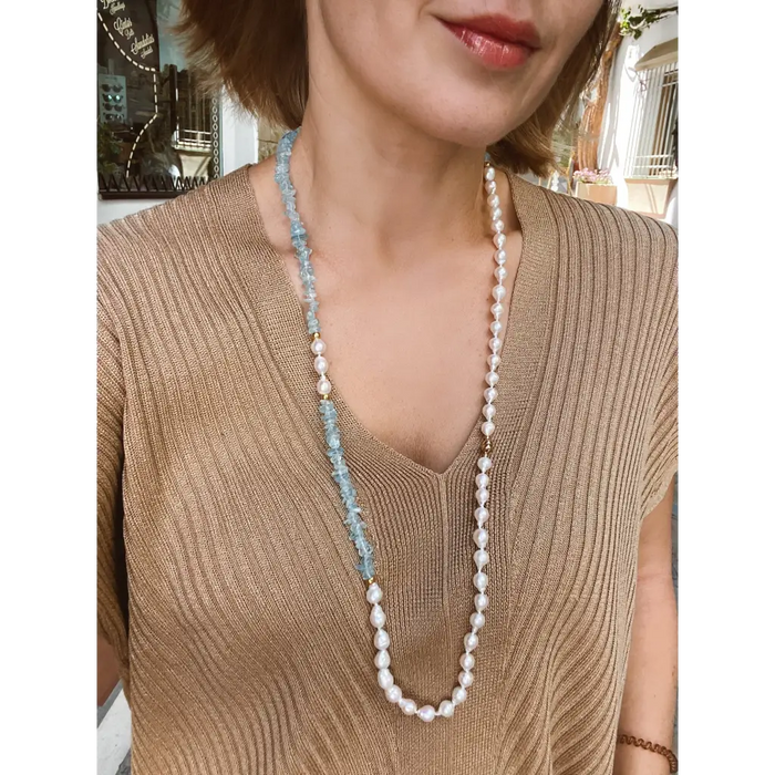 Aquamarine and pearl long layered necklace
