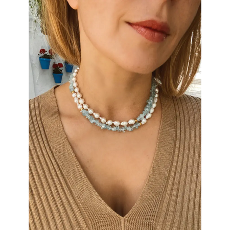 Aquamarine and pearl long layered necklace