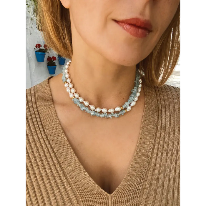 Aquamarine and pearl long layered necklace