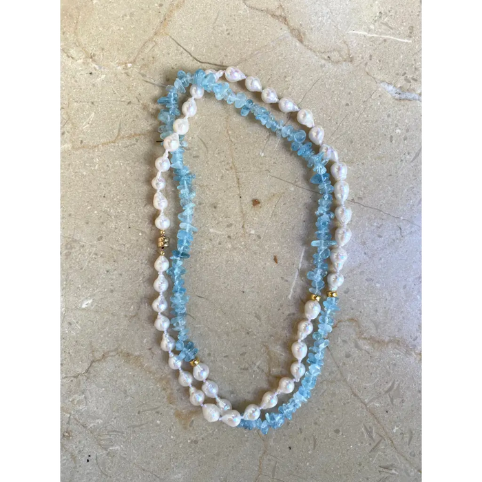 Aquamarine and pearl long layered necklace