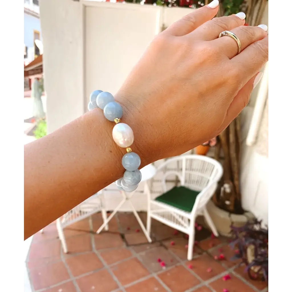 Aquamarine Genuine Pearl and Gold Filled Silver Stretch