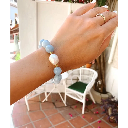 Aquamarine Genuine Pearl and Gold Filled Silver Stretch