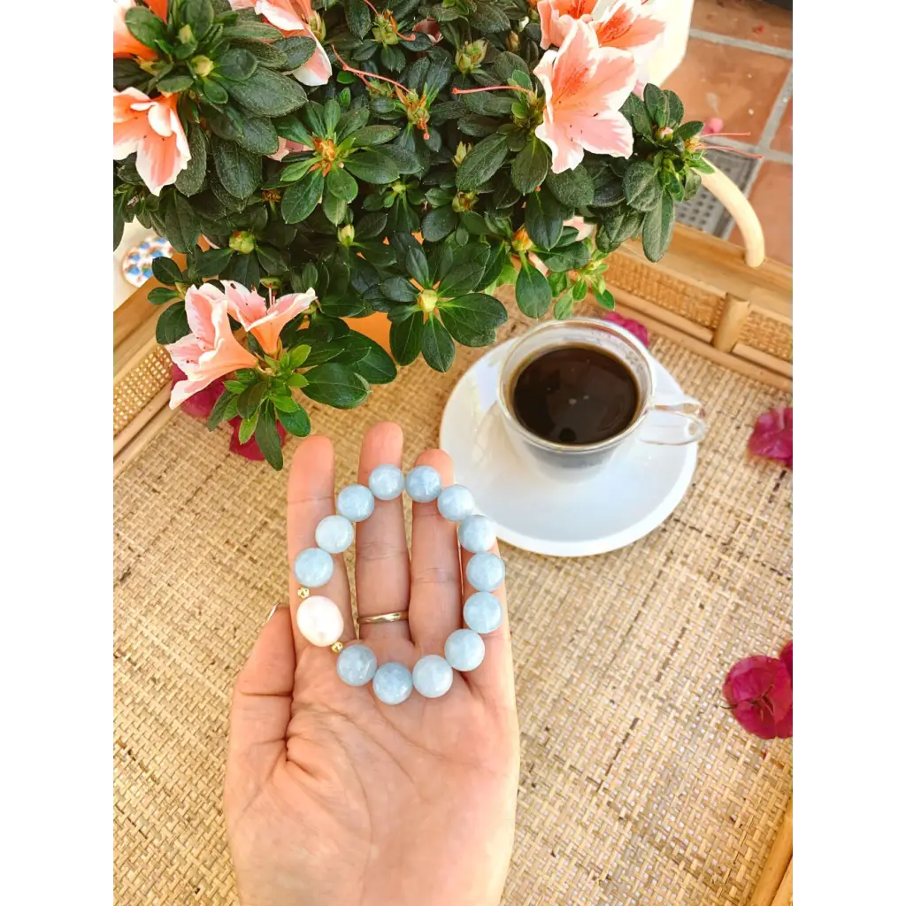 Aquamarine Genuine Pearl and Gold Filled Silver Stretch