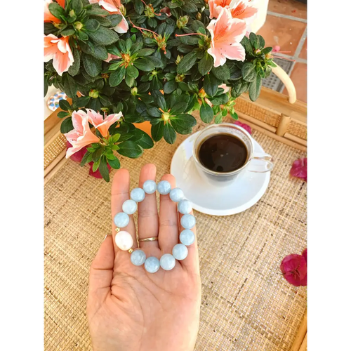 Aquamarine Genuine Pearl and Gold Filled Silver Stretch