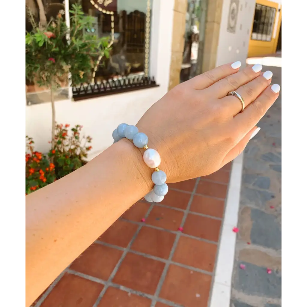 Aquamarine Genuine Pearl and Gold Filled Silver Stretch