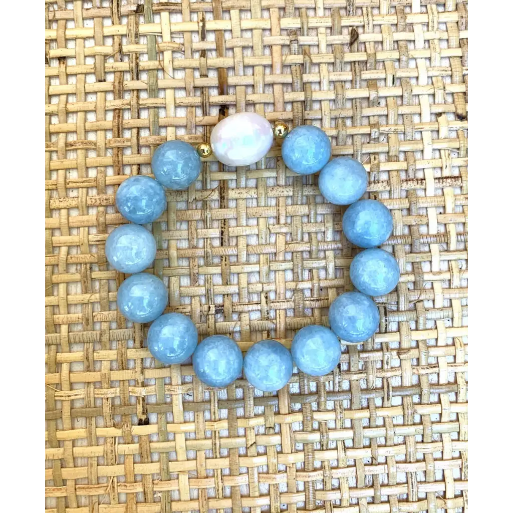 Aquamarine Genuine Pearl and Gold Filled Silver Stretch