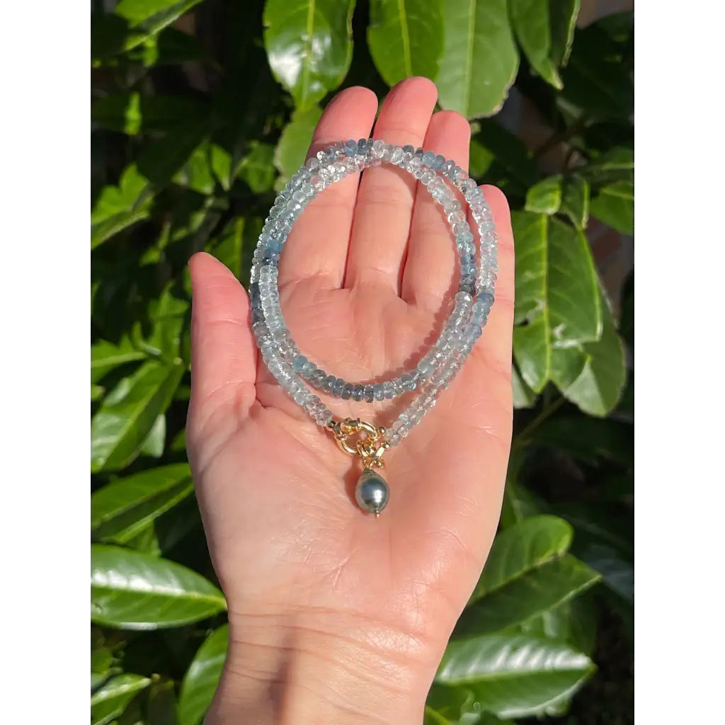 Aquamarine necklace with Tahitian pearl pendant genuine