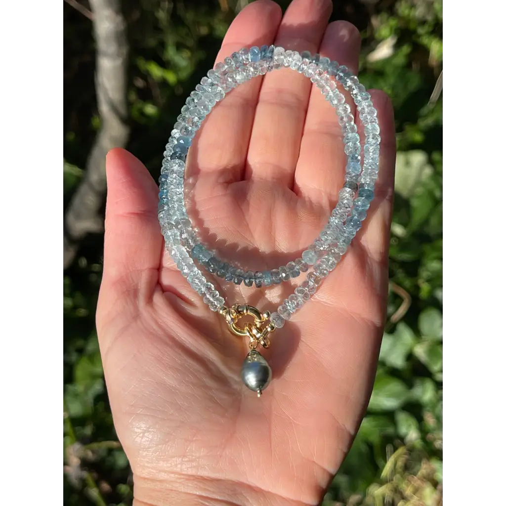 Aquamarine necklace with Tahitian pearl pendant genuine
