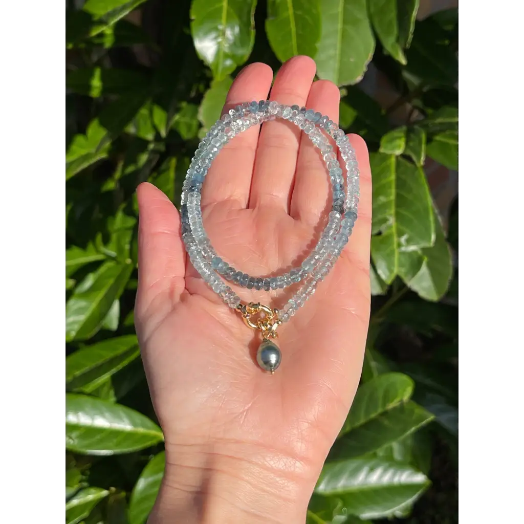 Aquamarine necklace with Tahitian pearl pendant genuine