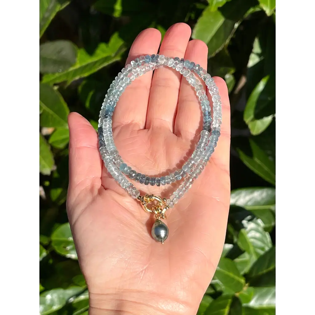Aquamarine necklace with Tahitian pearl pendant genuine