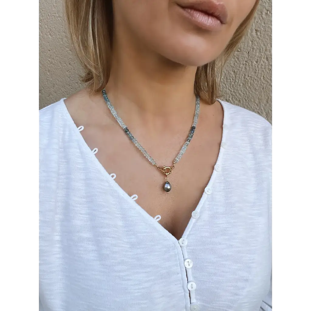 Aquamarine necklace with Tahitian pearl pendant genuine