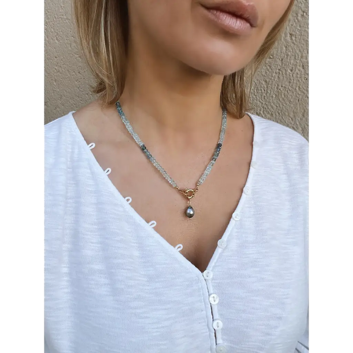 Aquamarine necklace with Tahitian pearl pendant genuine