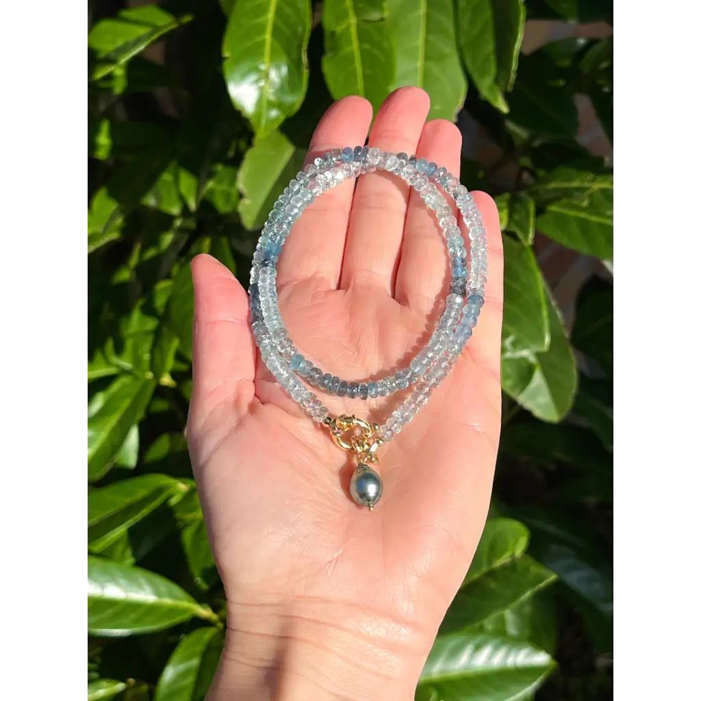 Aquamarine necklace with Tahitian pearl pendant genuine