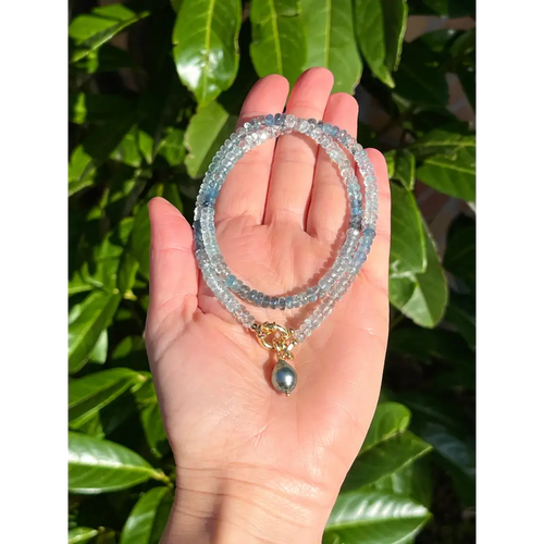 Aquamarine necklace with Tahitian pearl pendant genuine