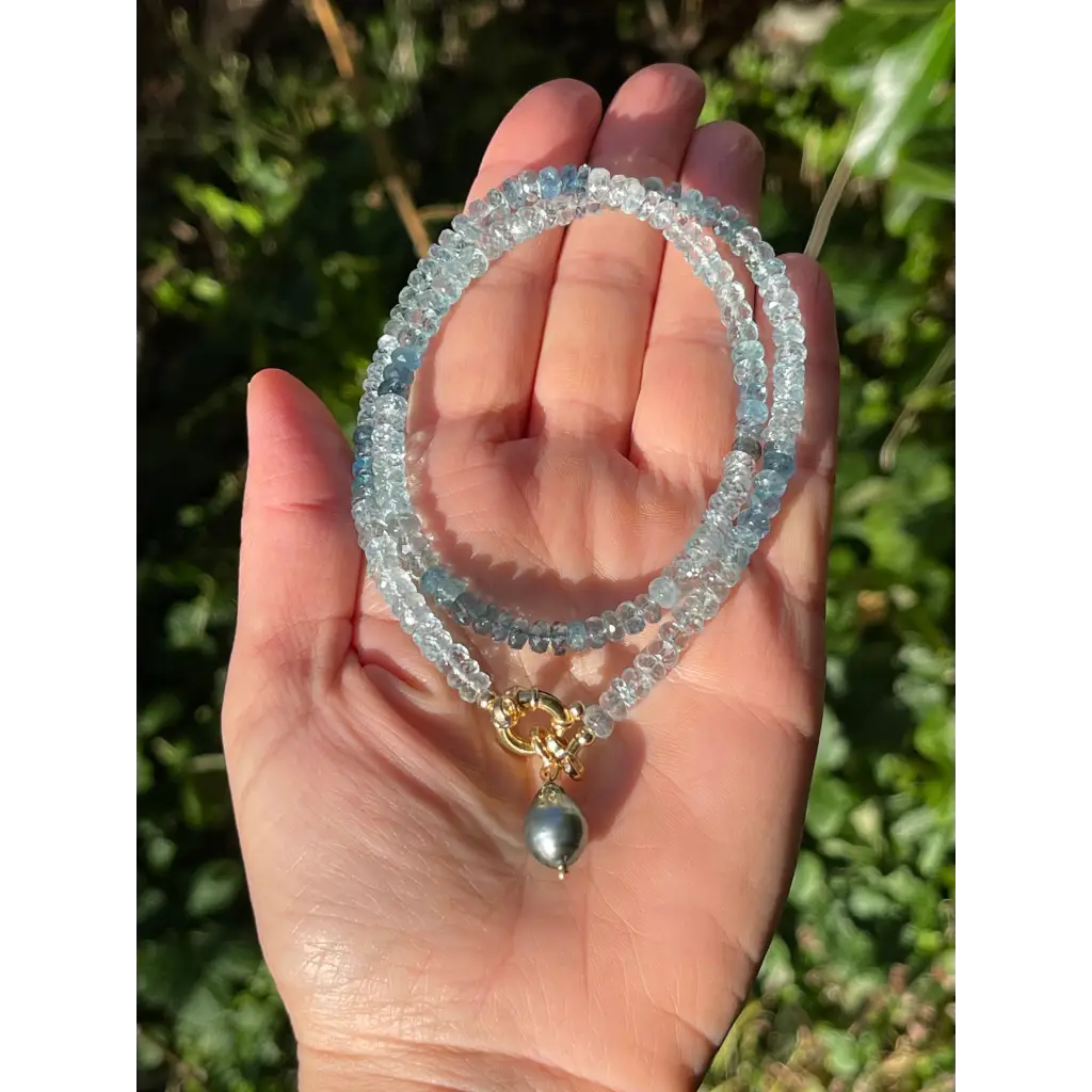 Aquamarine necklace with Tahitian pearl pendant genuine