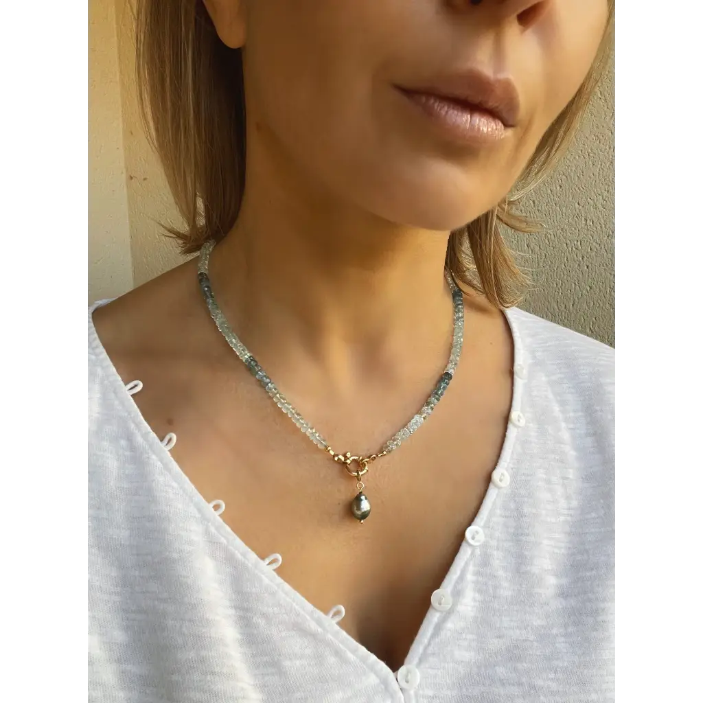 Aquamarine necklace with Tahitian pearl pendant genuine