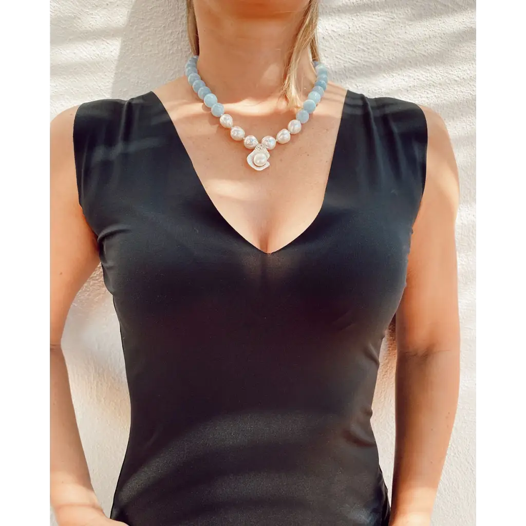 Aquamarine Pearls and silver necklace Classic necklace Blue