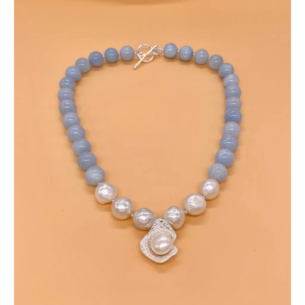 Aquamarine Pearls and silver necklace Classic necklace Blue